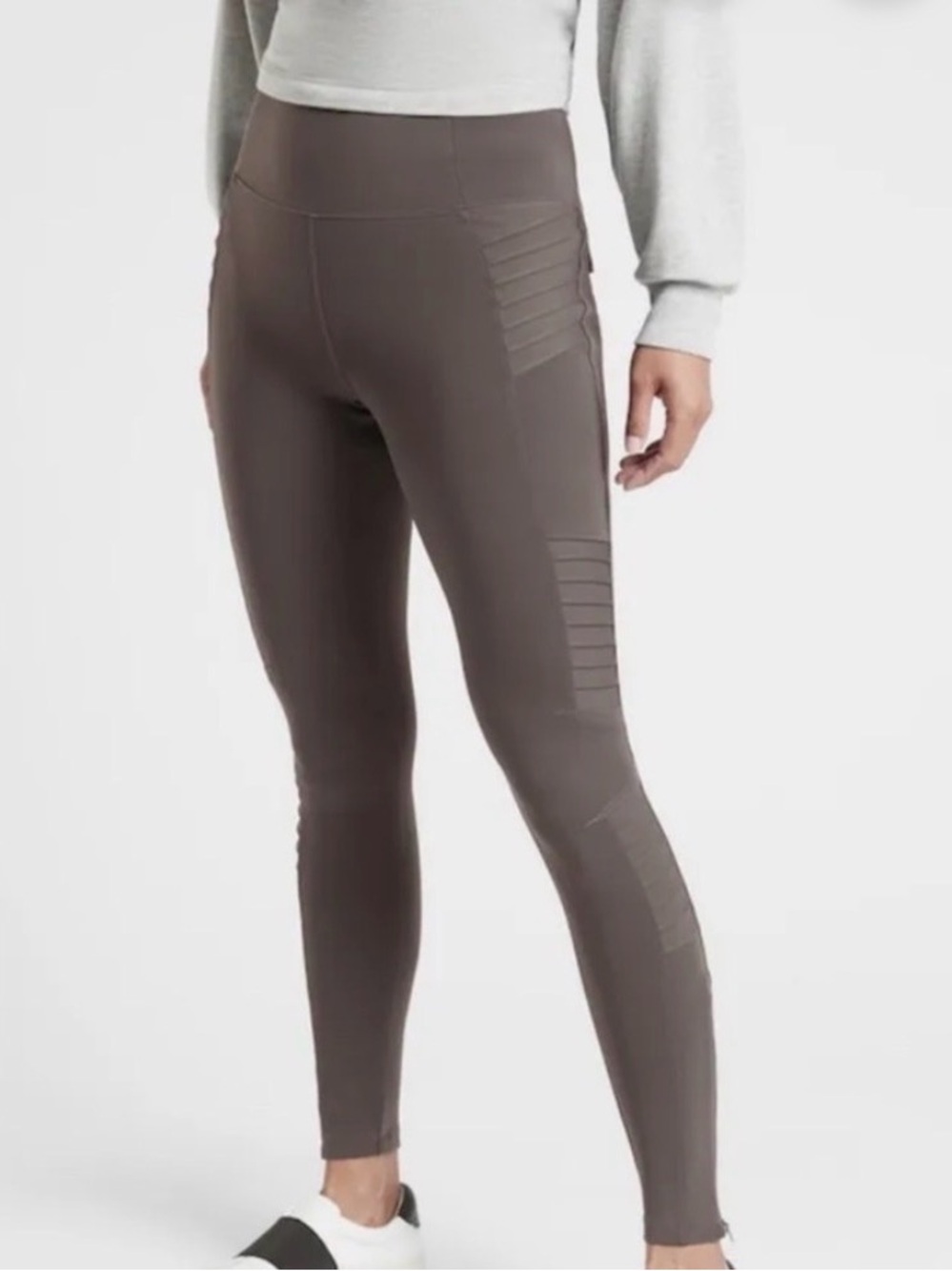 Athleta Delancey Moto Tight Leggings Taupe Brown High Rise Ankle Zip XL